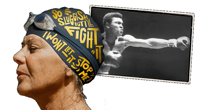 Side profile of a woman wearing a swim cap. Her eyes are closed