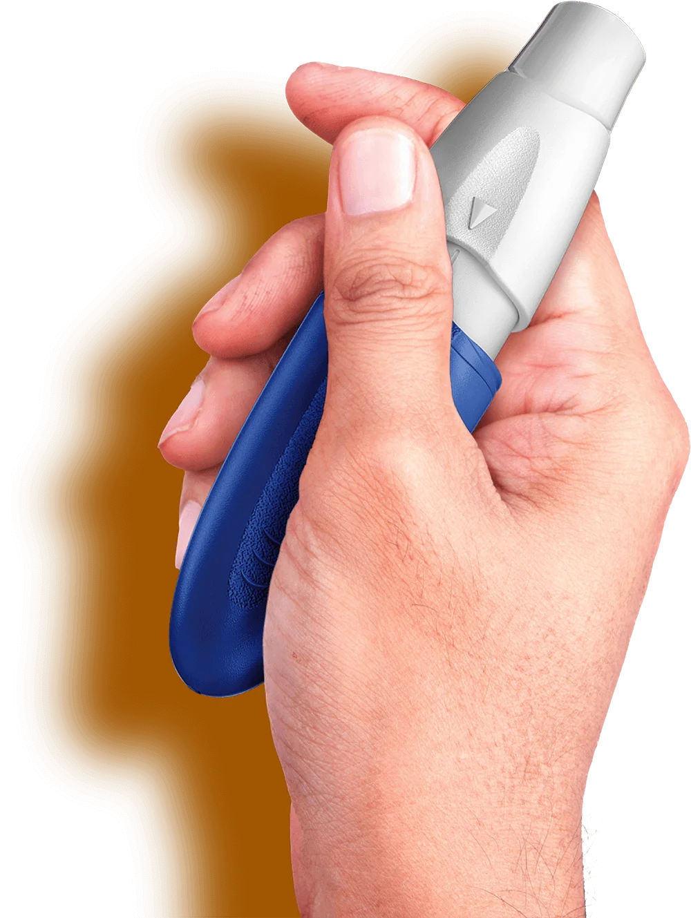 Close crop of a hand holding the INBRIJA inhaler.