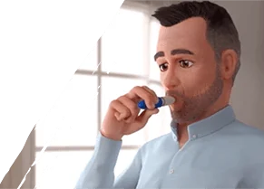 Close shot of animated figure, Peter, using INBRIJA inhaler