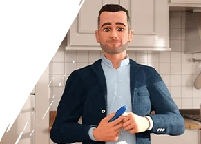 Head shot of animated figure Peter, standing in his kitchen.