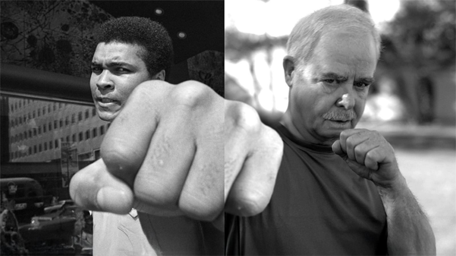 Split screen of Muhammad Ali and older man punching the camera