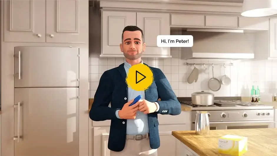 Peter, an animated figure, holds the INBRIJA inhaler in his hands while standing in a kitchen.
